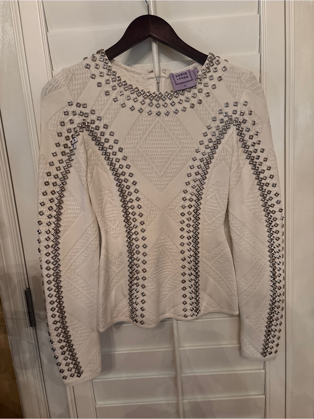Herve Leger Ivory Embellished Long-Sleeve Knit Top